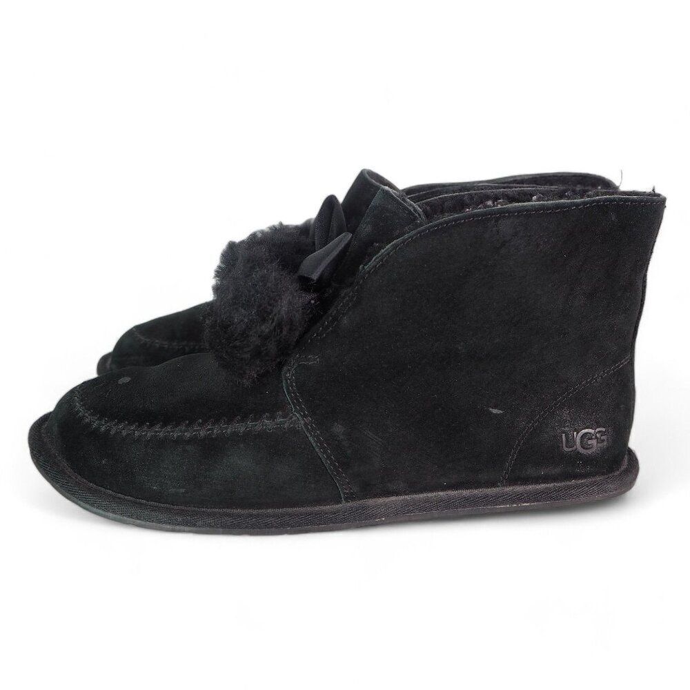 UGG Kallen Suede Moc‎ Toe Pom Pop Suede Ankle Booties Black 1017541 Women's 7 - Picture 2 of 12